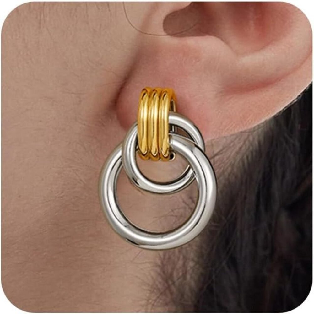 Clip on Earrings Women Hypoallergenic Two Tone Drop Dangle Jewelry
